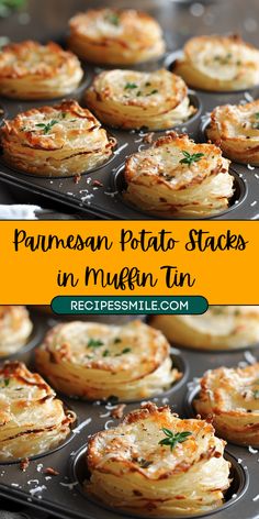 panned potato stacks in muffin tin with text overlay