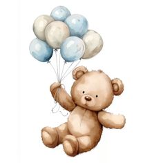 a brown teddy bear flying through the air holding onto some blue and white balloons in it's paws