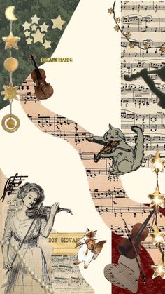 a collage with musical notes, violin, and stars in the background that include an image of a woman holding a dog