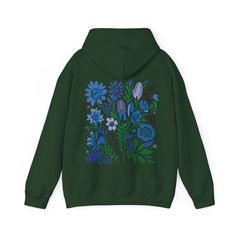 Charge into your next adventure with our Blue Flower Hoodie! This unique design features a fun and warm wildflower print, perfect for those who love to take risks and stand out. Stay cozy while making a bold statement. ♥ We want you to be happy with your item, and for it to bring you joy! If you have any problems with your order or your item, please contact us prior to leaving a review. We will do what we can to take care of you and ensure that you are a happy customer. If you are satisfied, we Green Spring Sweatshirt With Screen Print, Spring Green Sweatshirt With Screen Print, Green Screen Print Sweatshirt For Spring, Spring Cotton Hoodie With Screen Print, Cotton Hoodie With Screen Print For Spring, Winter Floral Print Cotton Hoodie, Winter Floral Print Hoodie Sweatshirt, Green Graphic Print Hoodie For Outdoor, Flower Hoodie