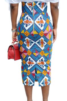 Bluish African Print High Waist Bodycon Pencil Skirt Multicolor Fitted Midi Skirt, Fitted Multicolor Knee-length Bottoms, Fitted Multicolor Midi Pencil Skirt, Multicolor Fitted Midi Pencil Skirt, Multicolor Midi Pencil Skirt For Summer, Fitted Multicolor Knee-length Pencil Skirt, Multicolor Stretch Pencil Skirt, Multicolor Fitted Knee-length Pencil Skirt, Casual Multicolor Lined Pencil Skirt