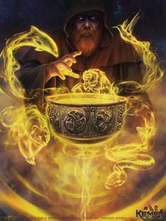 an image of a wizard holding a bowl with fire coming out of it and hands in the air