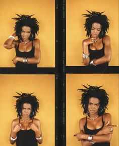 four different pictures of a woman with dreadlocks on her head and arms crossed