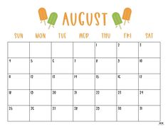 an august calendar with popsicles on it