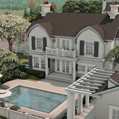 this is an artist's rendering of a large house with a pool in the front yard