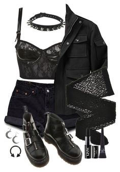 "Don't touch me please, I cannot stand the way you tease." by siennabrown ❤ liked on Polyvore featuring Levi's, Dr. Martens, Old Navy, Wolford, Maybelline, NYX, Dark, goth, alternative and tradgoth Biker Chick Outfit, Biker Outfit, Outfits Polyvore, Rock Outfits, Dark Outfits, Gothic Outfits