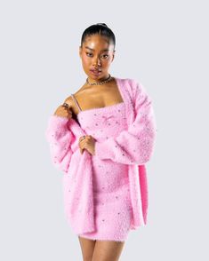 Adi Pink Fuzzy Knit Cardigan Trendy Pink Sweater For Party, Glamorous Pink Winter Outerwear, Pink Sweater For Winter Party, Pink Winter Party Sweater, Glamorous Winter Cardigan, Pink Chic Cardigan For Party, Trendy Pink Cardigan For Party, Trendy Pink Party Cardigan, Chic Pink Party Cardigan