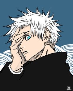 an anime character with white hair and blue eyes holding his hand up to his face