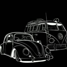 two vw buggies are shown in black and white