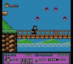 an old - school video game with a cat on the bridge