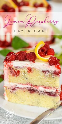 a piece of lemon raspberry layer cake on a plate