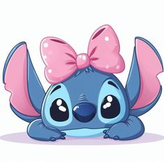 a cartoon character with a pink bow on her head and blue body, sitting down