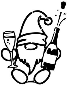 black and white drawing of santa clause holding a bottle of wine with a glass next to it