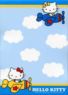 an image of hello kitty flying in the sky with a plane and cat on it