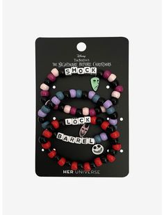 The Nightmare Before Christmas Oogie's Boys Beaded Bracelet Set | Hot Topic Lol Peep Bracelet, Scene Kid Gifts, Tim Burton Bracelet, Nightmare Before Christmas Bracelet, Christmas Kandi Bracelets, Disney Beaded Bracelet, Christmas Bracelet Ideas, Character Bracelets, Scene Bracelets