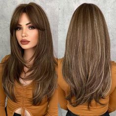 US Honey Brown Mixed Blonde Synthetic Wigs with Bangs Long Straight 23 Inch Wigs, #AD, ##Inch, #Ad, #Straight, #Long, #Bangs Orange Hair, Hair Inspo Color, Layered Hair, Hair Dos, Trendy Hairstyles, Hair Highlights, Pretty Hairstyles