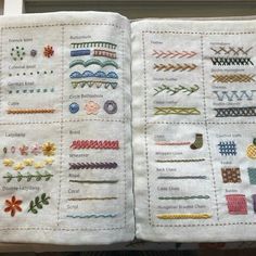 an open book with different types of stitchs on it