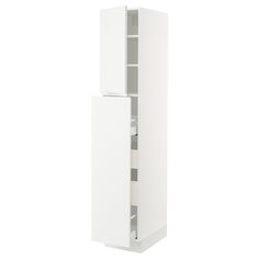 a tall white cabinet with two doors and shelves