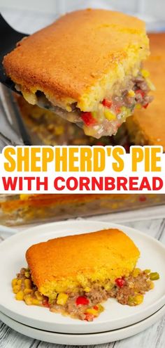 shepherd's pie with cornbread on a white plate