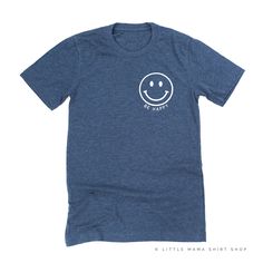 All Little Mama shirts are unisex sizing. They run slightly larger than typical women's shirts and slightly smaller than typical men's shirts. We recommend ordering your normal size for a regular fit.Please reference all size charts before purchasing.The default design color on this shirt is white, unless an option is given. Cute White T-shirt With Smiley Face, Casual Smiley Face T-shirt, Relaxed Fit Smiley Face T-shirt, White Playful T-shirt With Smiley Face, Casual Cotton T-shirt With Smiley Face, Family Brand, Happy Mama, Mama Shirts, Pocket Size