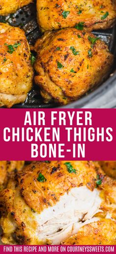 air fryer chicken thighs in a skillet with text overlay