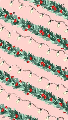 a pink wallpaper with christmas lights and holly branches on the left, and red berries on the right