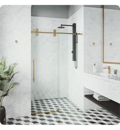 a bathroom with black and white checkered flooring, gold trimming on the shower