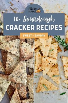 some crackers with rosemary on top and the words, 10 sourdough cracker recipes