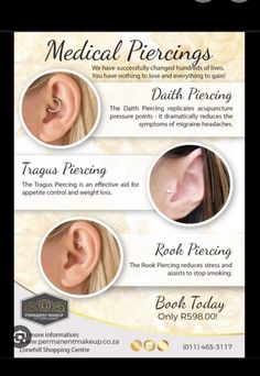 an advertisement for medical piercings with three different types of piercings on the front and back