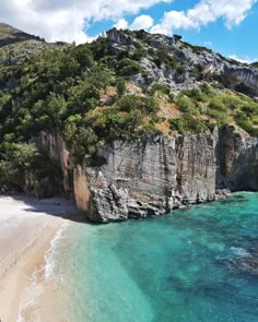 the beach is surrounded by cliffs and blue water