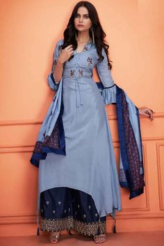 Bright and colourful, this Dusty Blue Cotton A Line Anarkali with Palazzo which will instantly catch your fancy. This Embroidered high neck and Elbow Sleeves apparel adorned with resham, zari, stone and sequins work. Colour Chart