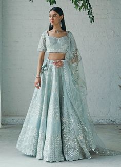 Celestial Lehenga Set Studio Iris - Fabilicious Fashion Silver Colour Lehenga, Light Blue Lehenga Bridal, Cyan Lehenga, Engagement Lehenga Indian Simple, Latest Trendy Lehenga Designs, Mirrorwork Lehenga, Light Blue Lehenga, Sky Blue Lehenga, Studio Iris