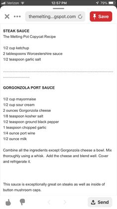 the menu for steak sauce on an iphone