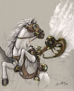 a drawing of a white horse with steampunk wheels on it's back