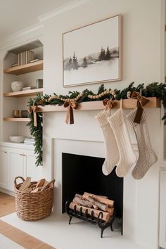 19+ Classy Christmas Mantle Decor Ideas - rustic, simple & elegant Mantlepiece Christmas Decor, Mantle Staging Ideas, Christmas Mantle Piece Ideas, Christmas Decorations On Fireplace, Tv Over Fireplace Christmas Decor, White Fireplace Mantels Decor, Chic Christmas Mantle Decor, Under The Tv Christmas Decor, Wreath On Mantle Christmas