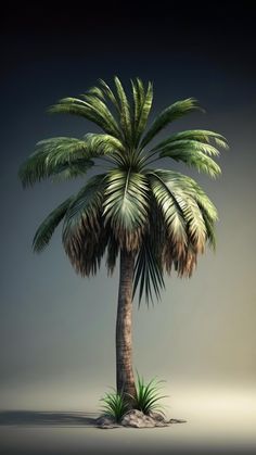 a palm tree sitting on top of a small island