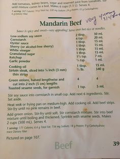 the menu for mandarin beet is displayed on a white piece of paper with green writing