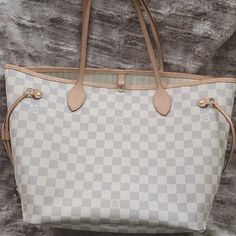 Great Condition Never Full Louis Vuitton Damier Tote. Clean, No Smells, Rips Or Tears. No Scuffs. Leather Trim And Straps In Excellent Condition With Only Minor Wear. Some Minor Pen Marks On The Interior. Comes With Dust Bag And Lv Box. Never Full Louis Vuitton, Neverfull Mm Damier Ebene, Lv Damier Azur, Louis Vuitton Neverfull Damier Ebene, Louis Vuitton Monogram Vs Damier Ebene, Louis Vuitton Damier Azur, Louis Vuitton Bags, Authentic Louis Vuitton, Blue Cream