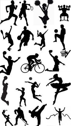 various silhouettes of people playing tennis, basketball and other sports related items are shown