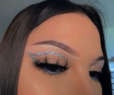 Graphic Liner And Rhinestones, Glitter Graphic Eyeliner, Euphoria Graphic Liner, Silver Graphic Makeup, Glitter Graphic Liner, Silver Graphic Liner, Brow Glue, Vegas Makeup