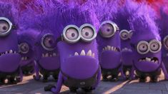 the minions from despicable me are lined up in front of some purple feathers