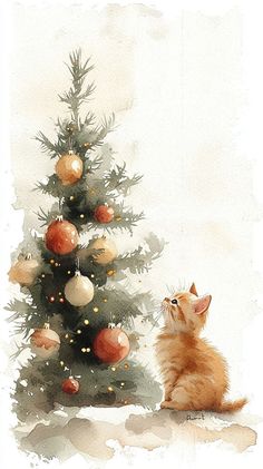 a watercolor painting of a cat looking at a christmas tree with ornaments on it