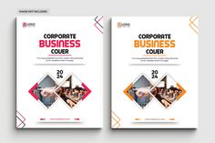 two business brochures with orange and red shapes on them, one is for corporate company