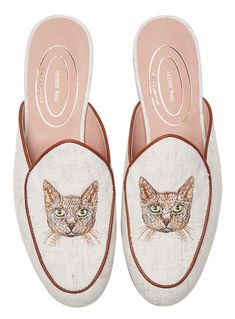 PRICES MAY VARY. High Level Unique Embroidery on Velvet (Black Mules) or Linen (White Mules). These delicate Animal embroideries are originally designed by our artist with vivid and lovely character. Cats represent the beauty of femininity, independence, and curiosity. Genuine Skin-like Pink Leather lined to provide additional support and comfort. Super great fitting even without socks. The heel is 3/4" in height. You will feel very comfortable and untried if you wear these flats walking all day Embroidery On Velvet, Belgian Loafers, White Mules, Slip On Slippers, High End Shoes, Black Mules, Unique Embroidery, Slippers For Women, Linen White