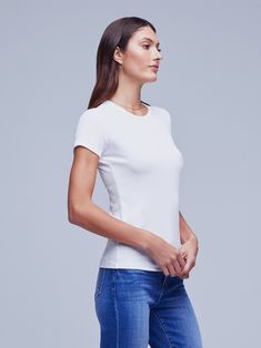 The quintessential crew-neck tee in pure white. Slim-fit design in a luxe microfiber has a lush, silky feel and resists pilling. Includes short sleeves. Relaxed Fit Everyday T-shirt, White Stretch Short Sleeve Top, Classic White Stretch T-shirt, White Fitted Short Sleeve Top For Everyday, Fitted White Short Sleeve Top For Everyday, Elegant Fitted White Short Sleeve Top, Elegant Relaxed Fit T-shirt For Everyday, Minimalist Stretch Short Sleeve T-shirt, Minimalist Stretch T-shirt With Short Sleeves