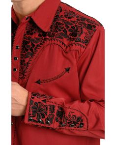 Scully Men's Embroidered Red Retro Long Sleeve Western Shirt, Red Tattoos For Women Western, Retro Western Fashion, Western Fashion Men, Vintage Western Shirts, High Heel Cowboy Boots, Western Patterns, Western Embroidery, Vintage Western Wear, Wrangler Shirt