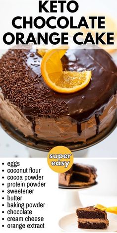 a cake with chocolate icing and oranges on top is shown in this advertisement