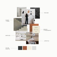 the interior design process is shown with different colors and shapes, including black, white, brown