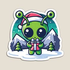 an alien holding a christmas present in the snow