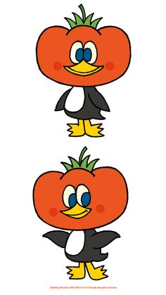 three cartoon tomatoes with different faces and beaks, one on top of the other